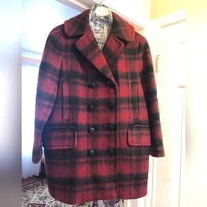 COACH Plaid Long Peacoat Dark Cranberry Size Medium EUC